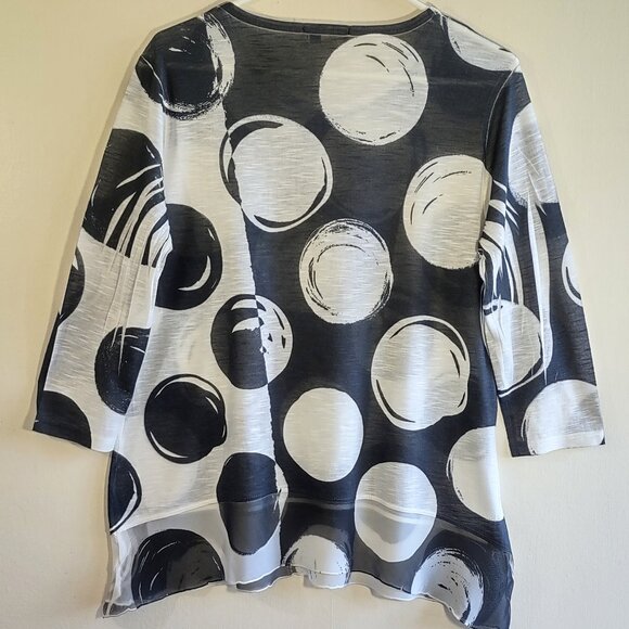 Jess and Jane Abstract Circles Top 3/4 Sleeve Asymmetrical Sheer Hem Artsy Small - Picture 2 of 8